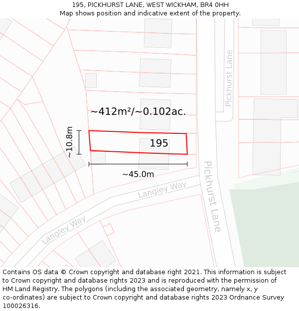 195, PICKHURST LANE, WEST WICKHAM, BR4 0HH: Plot and title map