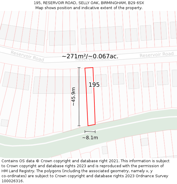 195, RESERVOIR ROAD, SELLY OAK, BIRMINGHAM, B29 6SX: Plot and title map