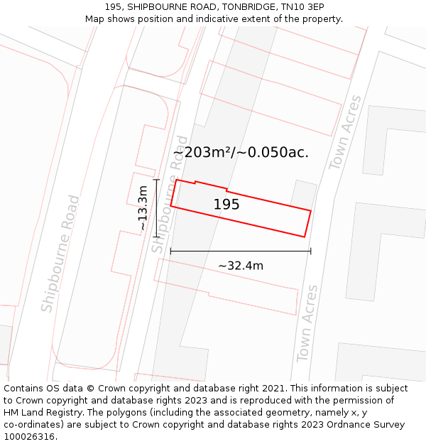 195, SHIPBOURNE ROAD, TONBRIDGE, TN10 3EP: Plot and title map