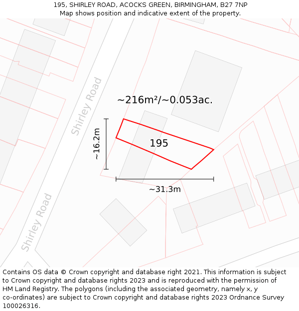 195, SHIRLEY ROAD, ACOCKS GREEN, BIRMINGHAM, B27 7NP: Plot and title map