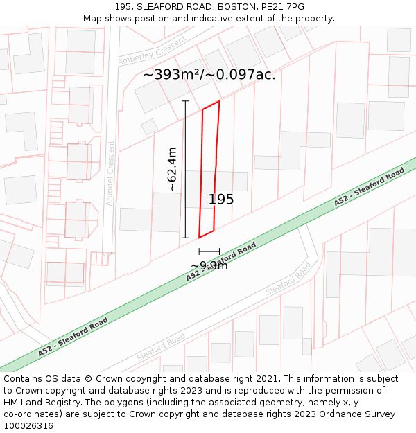 195, SLEAFORD ROAD, BOSTON, PE21 7PG: Plot and title map