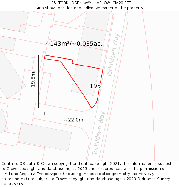 195, TORKILDSEN WAY, HARLOW, CM20 1FE: Plot and title map