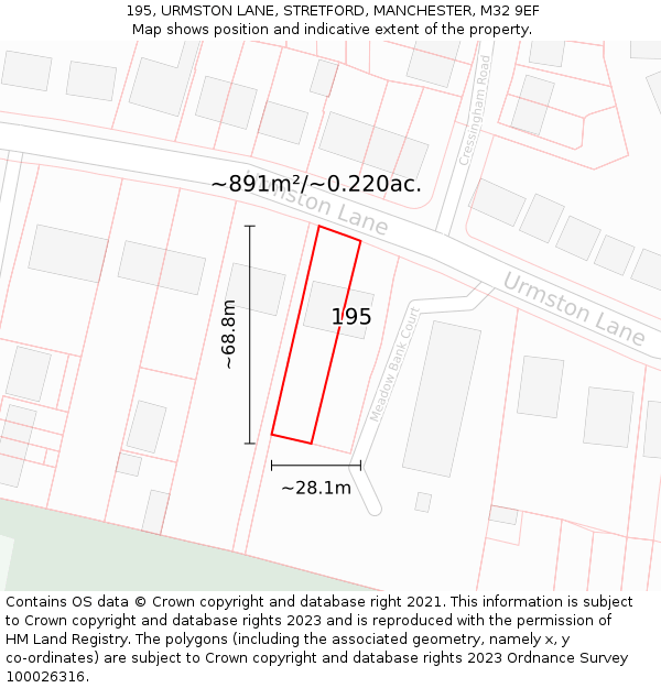 195, URMSTON LANE, STRETFORD, MANCHESTER, M32 9EF: Plot and title map