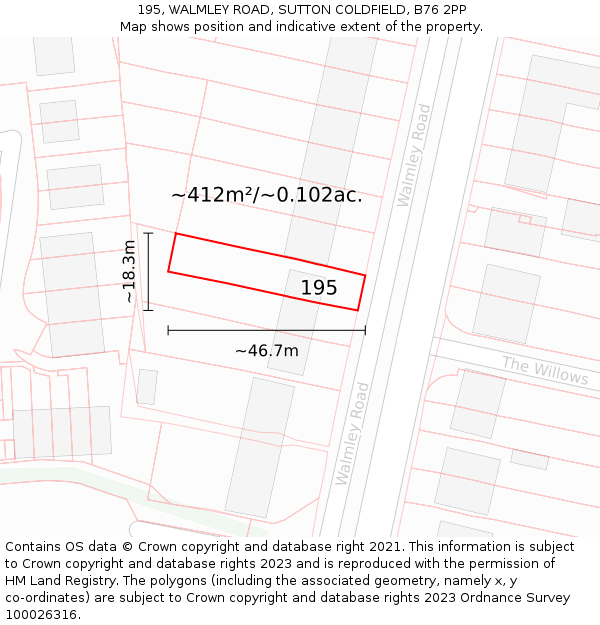 195, WALMLEY ROAD, SUTTON COLDFIELD, B76 2PP: Plot and title map