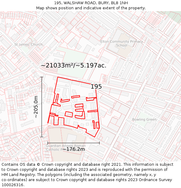 195, WALSHAW ROAD, BURY, BL8 1NH: Plot and title map