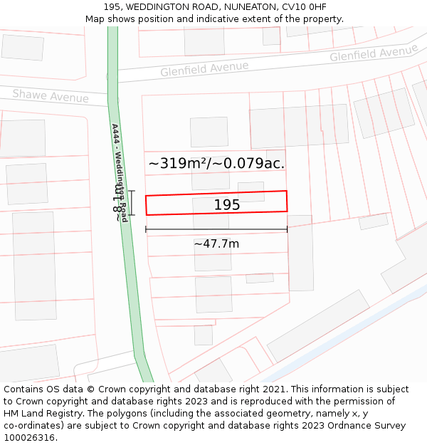 195, WEDDINGTON ROAD, NUNEATON, CV10 0HF: Plot and title map