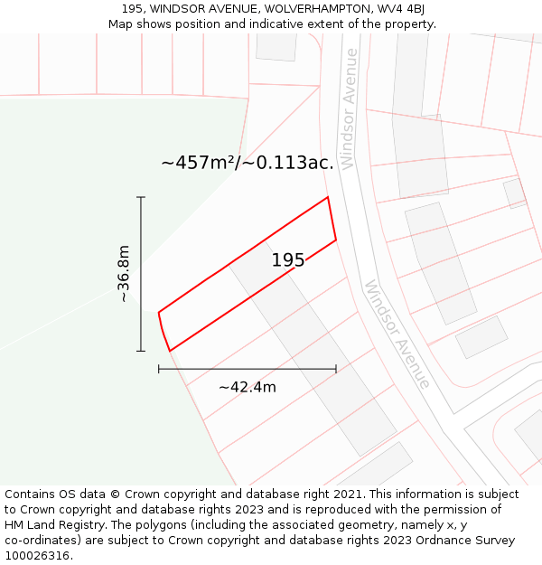 195, WINDSOR AVENUE, WOLVERHAMPTON, WV4 4BJ: Plot and title map