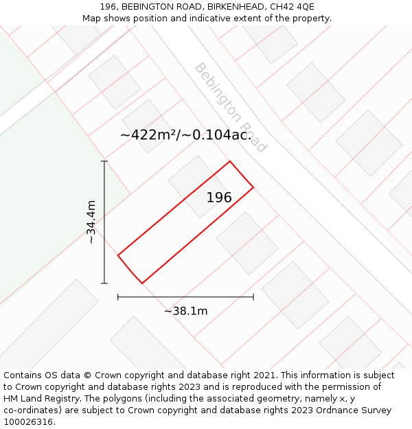 196, BEBINGTON ROAD, BIRKENHEAD, CH42 4QE: Plot and title map