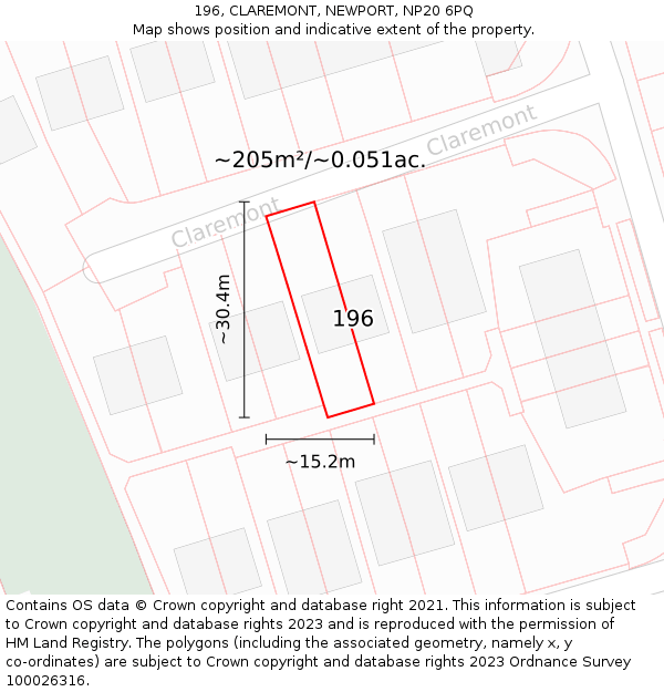 196, CLAREMONT, NEWPORT, NP20 6PQ: Plot and title map