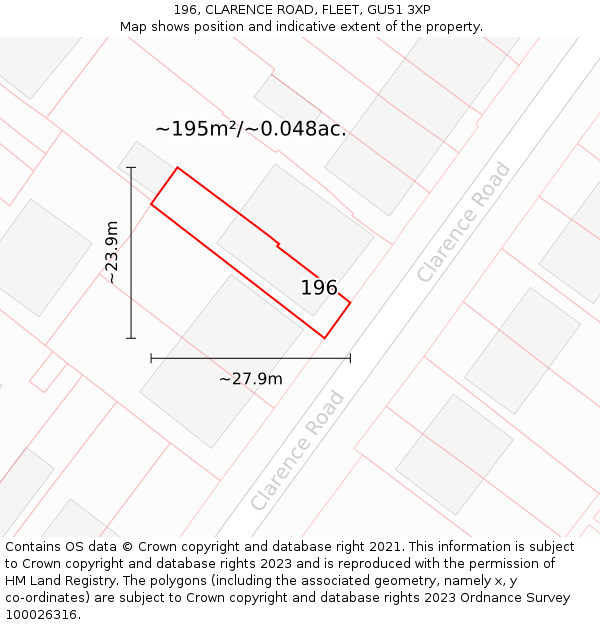 196, CLARENCE ROAD, FLEET, GU51 3XP: Plot and title map