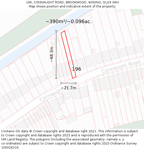 196, CONNAUGHT ROAD, BROOKWOOD, WOKING, GU24 0AH: Plot and title map