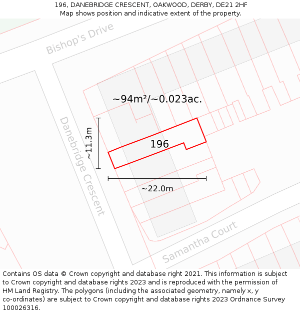 196, DANEBRIDGE CRESCENT, OAKWOOD, DERBY, DE21 2HF: Plot and title map