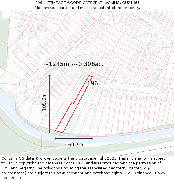196, HERMITAGE WOODS CRESCENT, WOKING, GU21 8UJ: Plot and title map