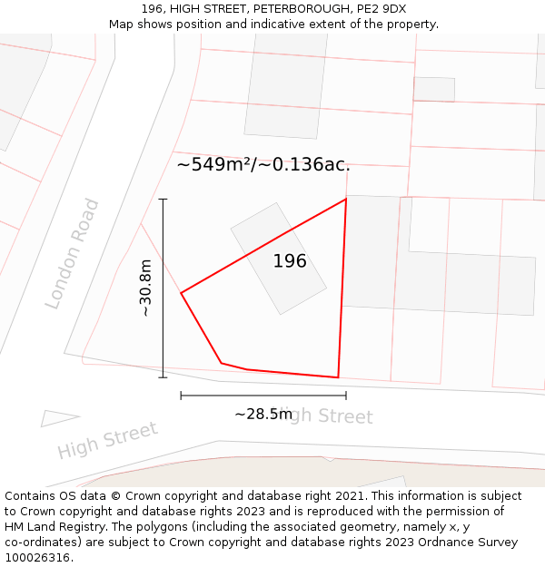 196, HIGH STREET, PETERBOROUGH, PE2 9DX: Plot and title map