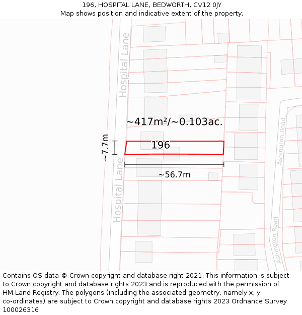 196, HOSPITAL LANE, BEDWORTH, CV12 0JY: Plot and title map