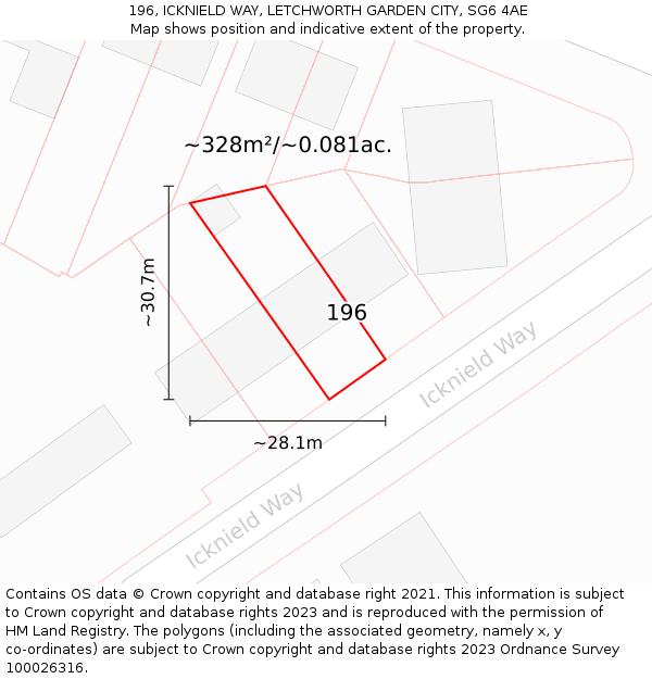 196, ICKNIELD WAY, LETCHWORTH GARDEN CITY, SG6 4AE: Plot and title map