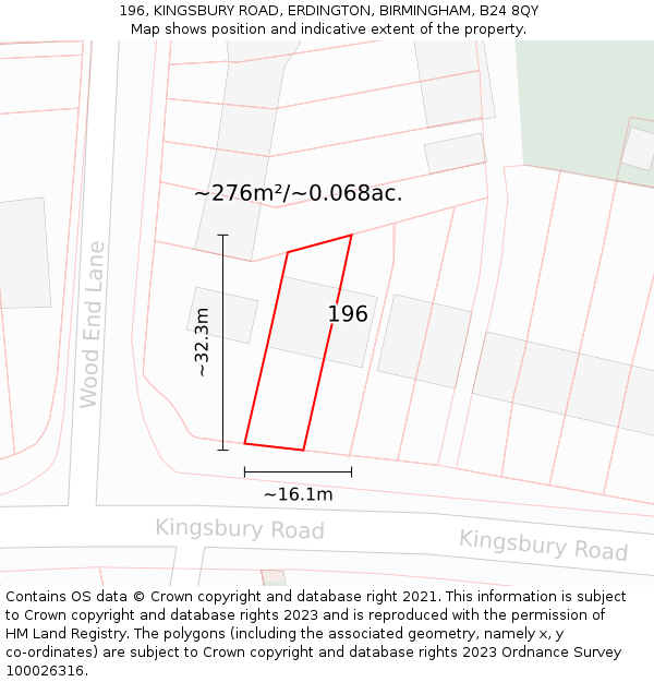 196, KINGSBURY ROAD, ERDINGTON, BIRMINGHAM, B24 8QY: Plot and title map