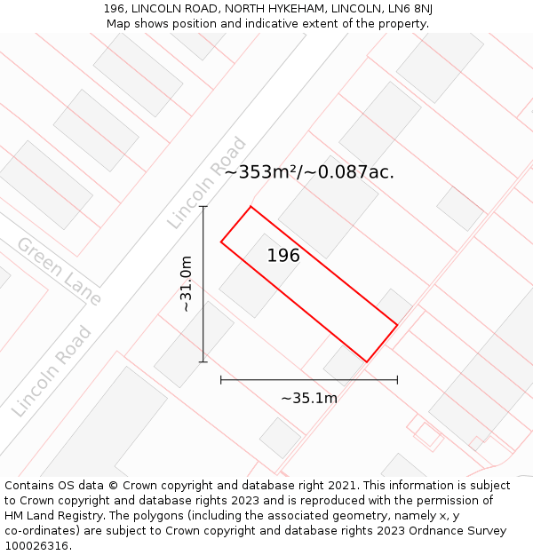 196, LINCOLN ROAD, NORTH HYKEHAM, LINCOLN, LN6 8NJ: Plot and title map