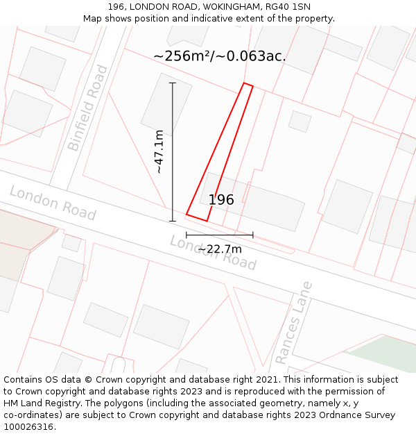 196, LONDON ROAD, WOKINGHAM, RG40 1SN: Plot and title map