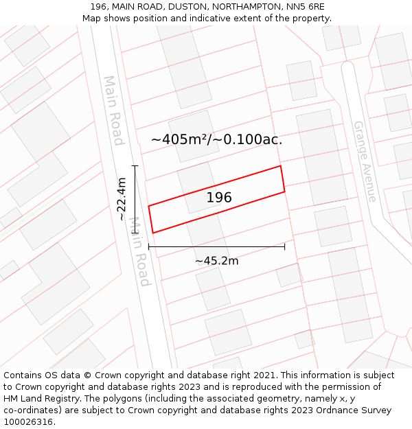 196, MAIN ROAD, DUSTON, NORTHAMPTON, NN5 6RE: Plot and title map