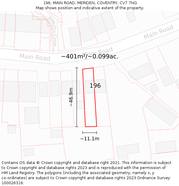 196, MAIN ROAD, MERIDEN, COVENTRY, CV7 7NG: Plot and title map