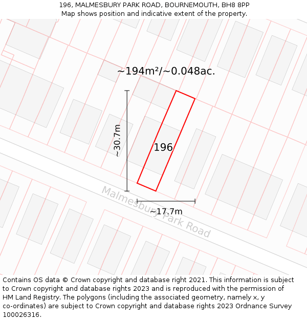 196, MALMESBURY PARK ROAD, BOURNEMOUTH, BH8 8PP: Plot and title map