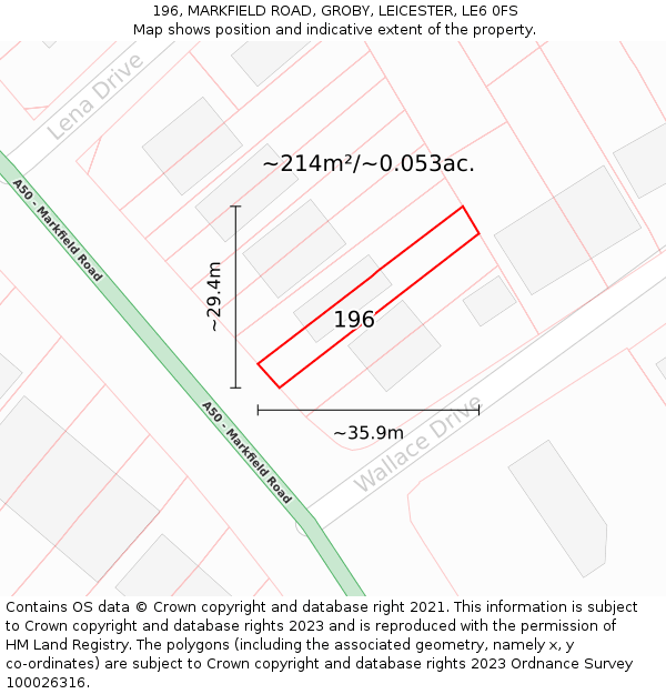 196, MARKFIELD ROAD, GROBY, LEICESTER, LE6 0FS: Plot and title map