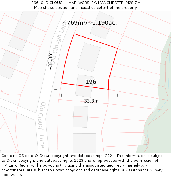 196, OLD CLOUGH LANE, WORSLEY, MANCHESTER, M28 7JA: Plot and title map