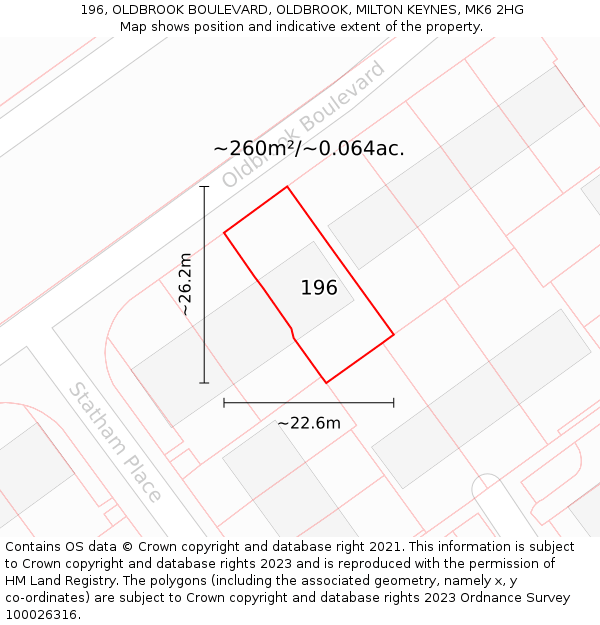 196, OLDBROOK BOULEVARD, OLDBROOK, MILTON KEYNES, MK6 2HG: Plot and title map