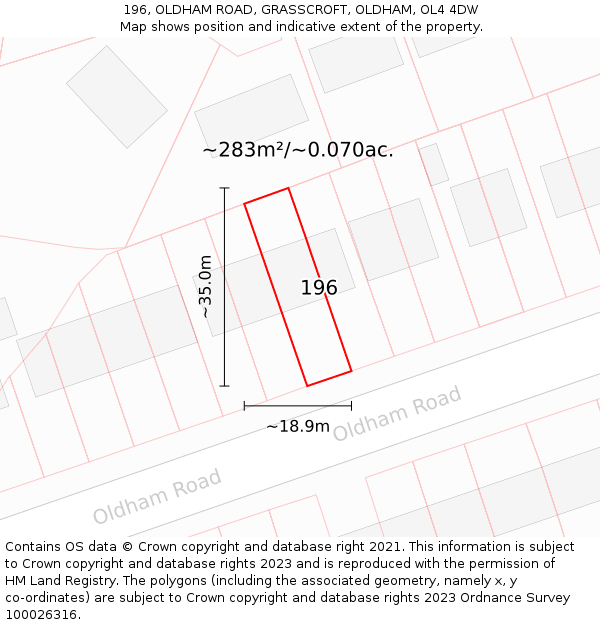 196, OLDHAM ROAD, GRASSCROFT, OLDHAM, OL4 4DW: Plot and title map