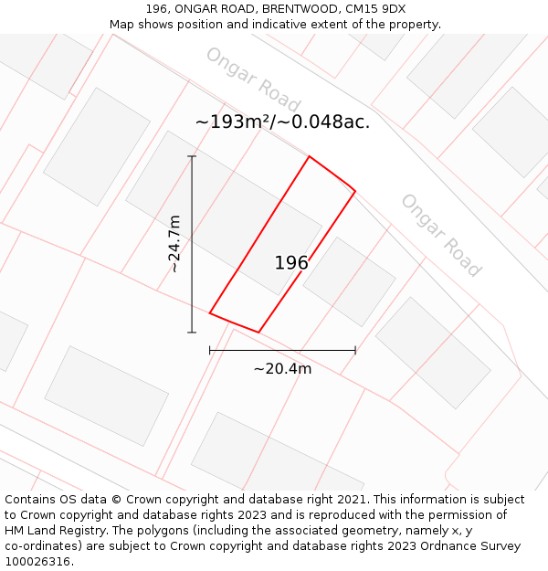 196, ONGAR ROAD, BRENTWOOD, CM15 9DX: Plot and title map