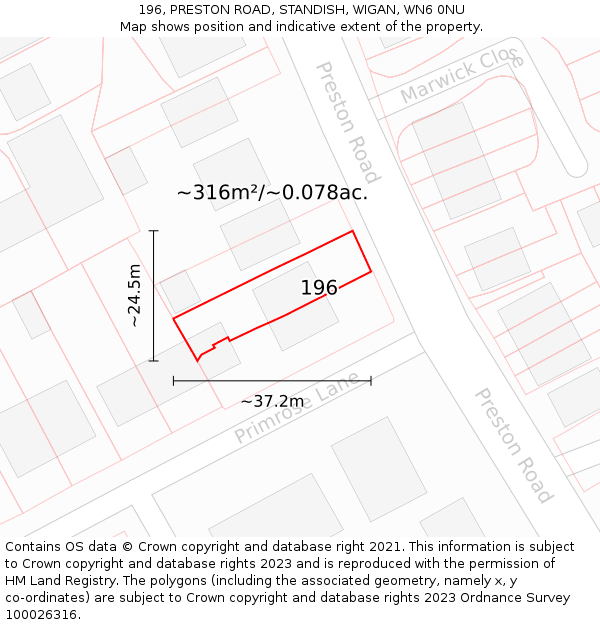 196, PRESTON ROAD, STANDISH, WIGAN, WN6 0NU: Plot and title map