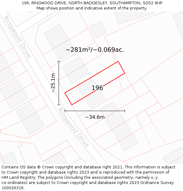 196, RINGWOOD DRIVE, NORTH BADDESLEY, SOUTHAMPTON, SO52 9HP: Plot and title map