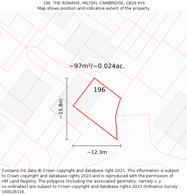 196, THE ROWANS, MILTON, CAMBRIDGE, CB24 6YX: Plot and title map