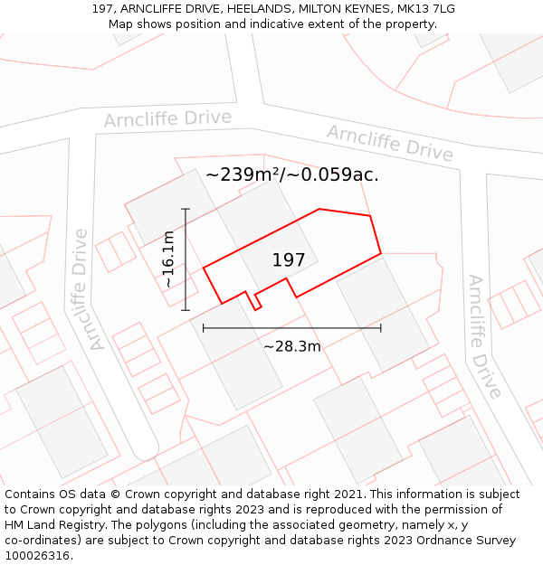 197, ARNCLIFFE DRIVE, HEELANDS, MILTON KEYNES, MK13 7LG: Plot and title map