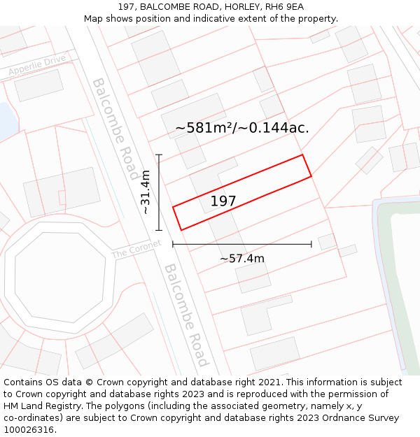 197, BALCOMBE ROAD, HORLEY, RH6 9EA: Plot and title map