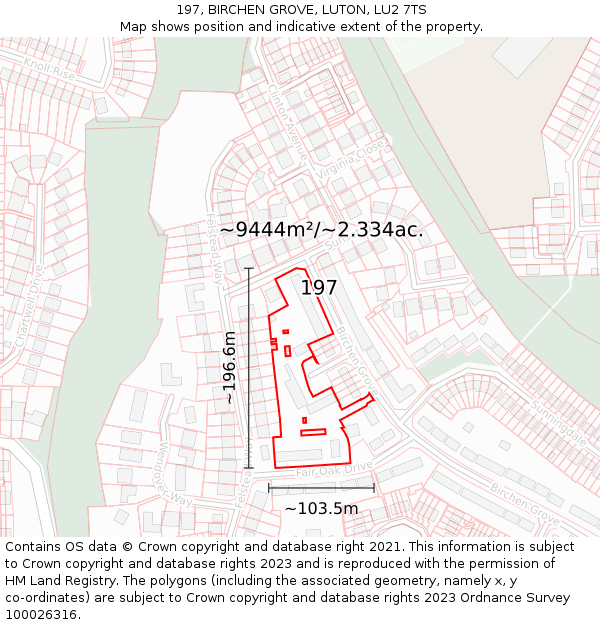 197, BIRCHEN GROVE, LUTON, LU2 7TS: Plot and title map