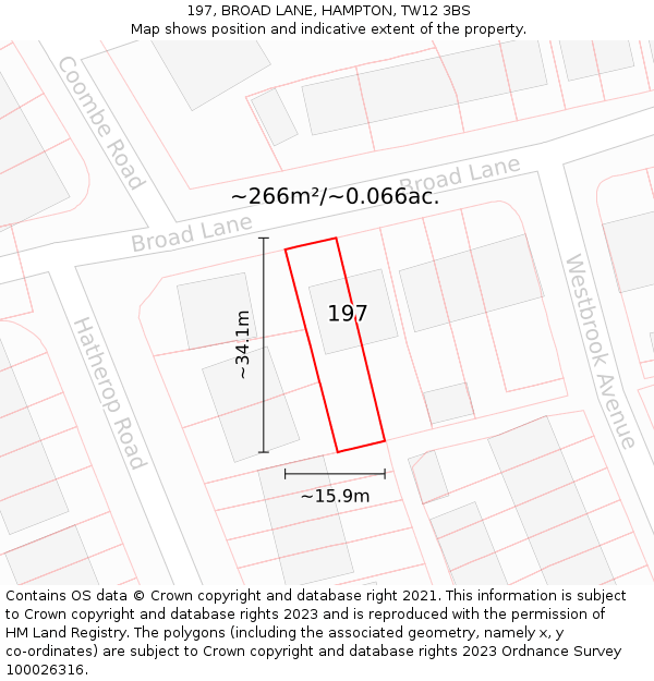 197, BROAD LANE, HAMPTON, TW12 3BS: Plot and title map