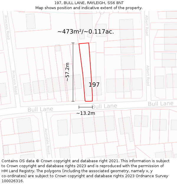 197, BULL LANE, RAYLEIGH, SS6 8NT: Plot and title map