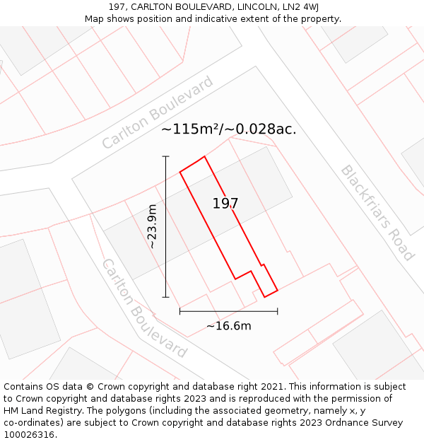 197, CARLTON BOULEVARD, LINCOLN, LN2 4WJ: Plot and title map