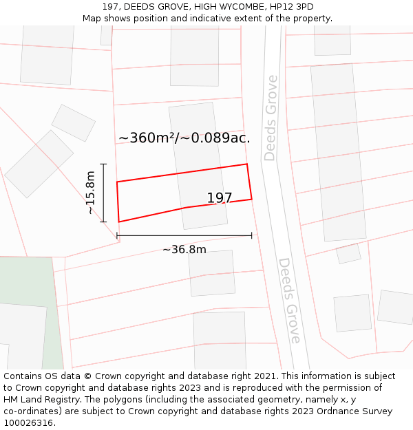 197, DEEDS GROVE, HIGH WYCOMBE, HP12 3PD: Plot and title map