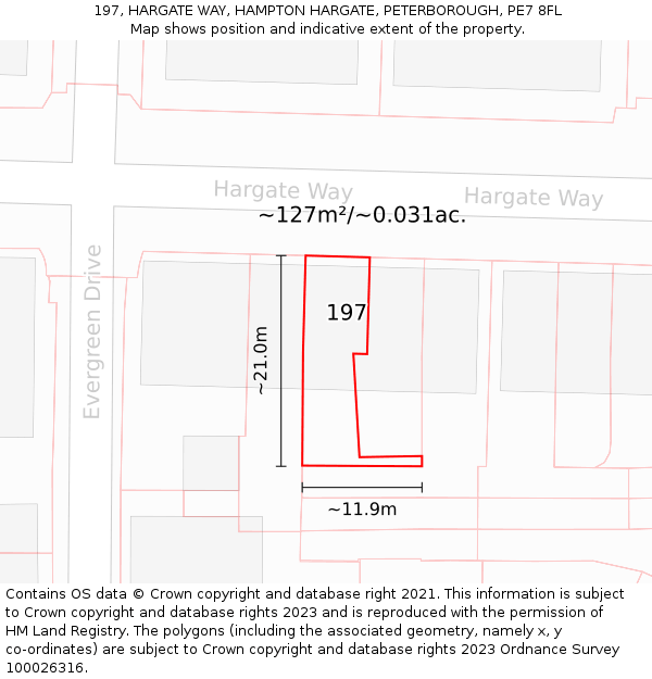 197, HARGATE WAY, HAMPTON HARGATE, PETERBOROUGH, PE7 8FL: Plot and title map