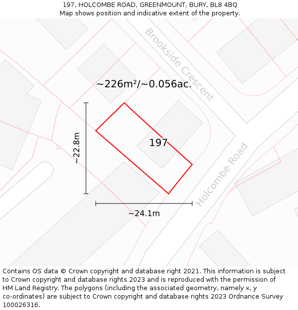 197, HOLCOMBE ROAD, GREENMOUNT, BURY, BL8 4BQ: Plot and title map