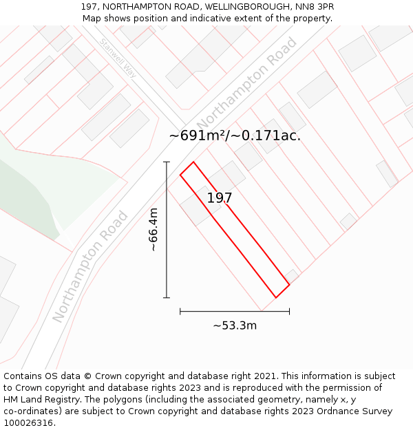 197, NORTHAMPTON ROAD, WELLINGBOROUGH, NN8 3PR: Plot and title map