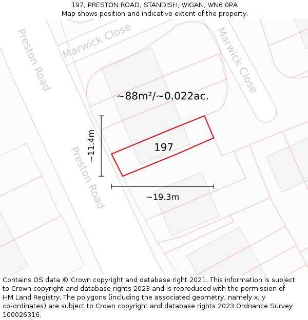 197, PRESTON ROAD, STANDISH, WIGAN, WN6 0PA: Plot and title map