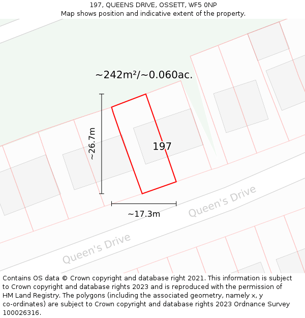 197, QUEENS DRIVE, OSSETT, WF5 0NP: Plot and title map