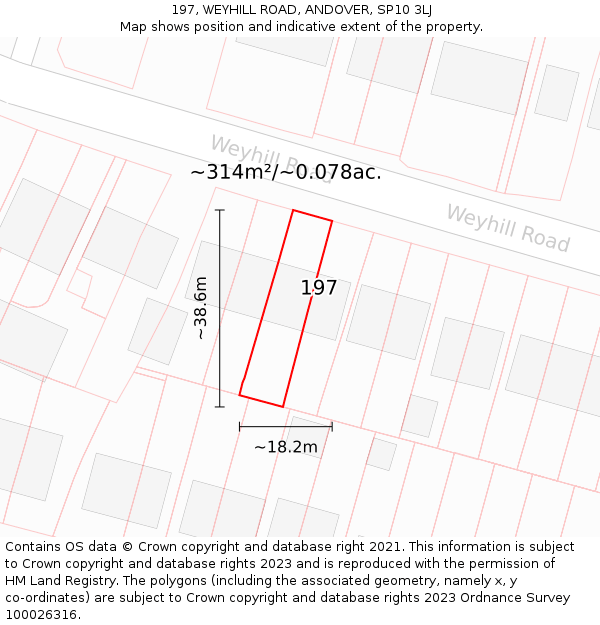 197, WEYHILL ROAD, ANDOVER, SP10 3LJ: Plot and title map