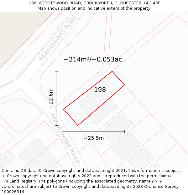 198, ABBOTSWOOD ROAD, BROCKWORTH, GLOUCESTER, GL3 4PF: Plot and title map