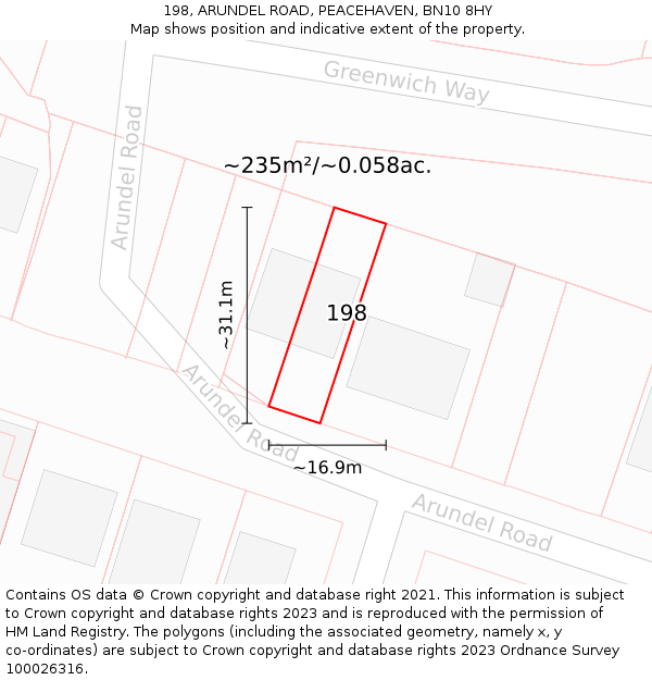 198, ARUNDEL ROAD, PEACEHAVEN, BN10 8HY: Plot and title map