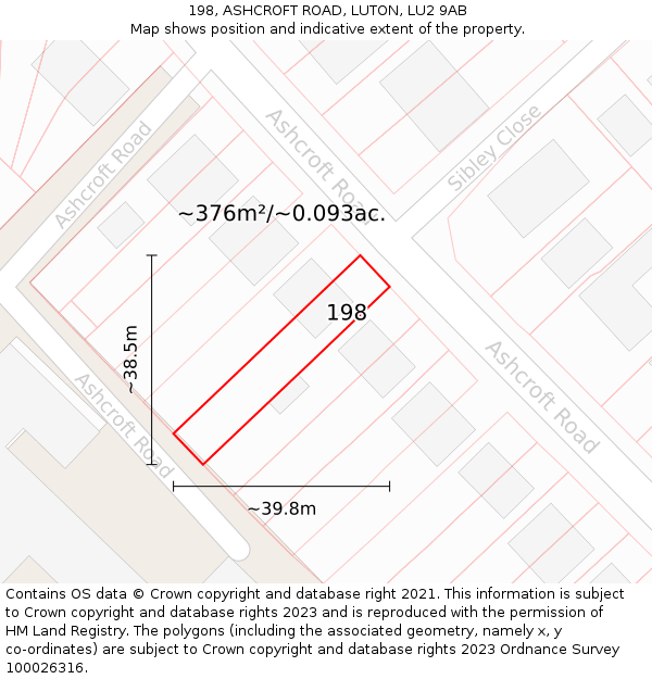 198, ASHCROFT ROAD, LUTON, LU2 9AB: Plot and title map